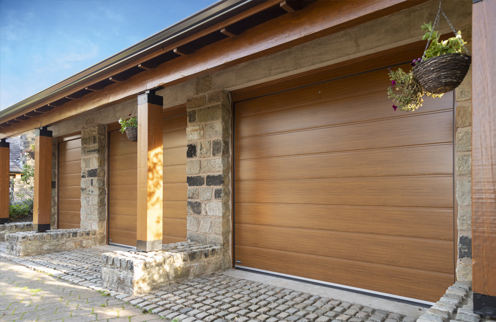 Beige sectional side hinge garage door