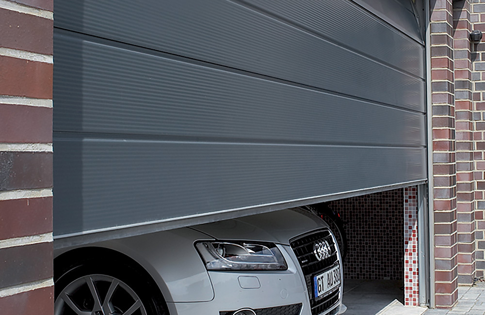 Red roller shutter garage door close up